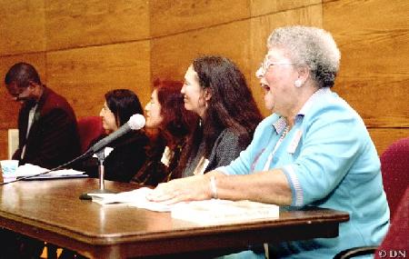 From right: Panelists Leola Bullock, Victoria Smith, Amelia Maria de la Luz Montes, Blanca Ramirez and Victoria Smith discuss struggles and advances for the Institute for Ethnic Studies at the University of Nebraska-Lincoln. 