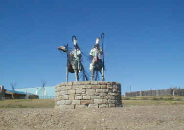 This sculpture, and three others just like it, greet visitors at  the four entrances to the Blackfeet Indian Reservation.  The Blackfeet Warriors were designed and sculpted by artist Jay Laber, an art instructor at Salish/Kootenai Community College in Pablo, MT.
