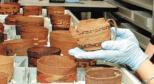 A woven teapot is part of the vast collection of Alaska Indian artifacts at the Smithsonian's National Museum of the American Indian Cultural Resource Center in Suitland, Md.