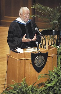 Pulitzer prize-winning author N. Scott Momaday speaks to an audience Thursday during Lawrence University’s final convocation of the school year at Memorial Chapel in Appleton. Post-Crescent photo by Kirk Wagner
