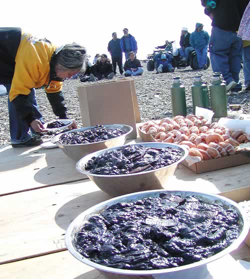 A DELICACY - Fermented whale meat and donuts were on the menu at Point Hope's whaling feast.