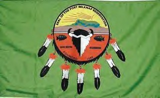 The Assiniboine and Gros Ventre tribes’ flag has reminders that the two nations share the Fort Belknap Reservation.