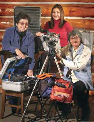 Surrounded by their arsenal of video, audio and computer equipment are, from left Mardell Plainfeather, Francine Bear Dont Walk and Rubie Sooktis. The three are part of the Western Heritage Center’s team that produces the American Indian Tribal Histories Project - John Warner/Gazette Staff