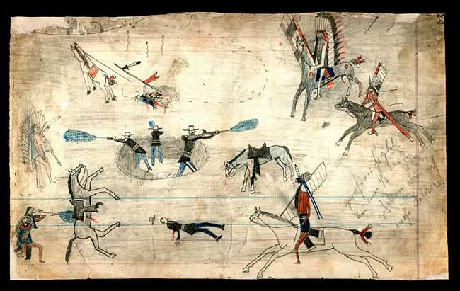 A Kiowa ledger drawing possibly depicting the Buffalo Wallow battle in 1874, one of several clashes between Southern Plains Indians and the U.S. Army during the Red River War.