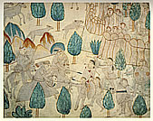 Mounted warriors on leather-armored horses attack a band of Apache Indians in this hide painting by an American Indian. Produced in a Jesuit mission in present day New Mexico, circa 1720.