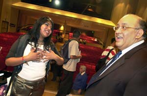 Sophomore Heather Miranda, 16, speaks with David Anderson, right, after his speech to Sherman Indian High School students. Silvia Flores - The Press-Enterprise