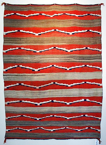 Navajo Late Classic banded blanket with indigo dye and wonderful variegated tans, c. 1875-1880. 4'5" x 6'2".