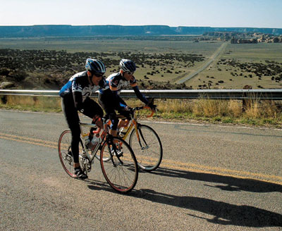 The Third Annual Tour de Acoma drew more than 350 competitors for its 25- and 50-mile bike races through some of the most breathtaking and normally restricted tribal lands on the Acoma and Laguna Pueblo reservations. A steep incline on the 22nd mile of the race was challenging but overall the course was considered gentle and many beginners felt comfortable participating. (Photo courtesy Gregg Thomas Shutiva)